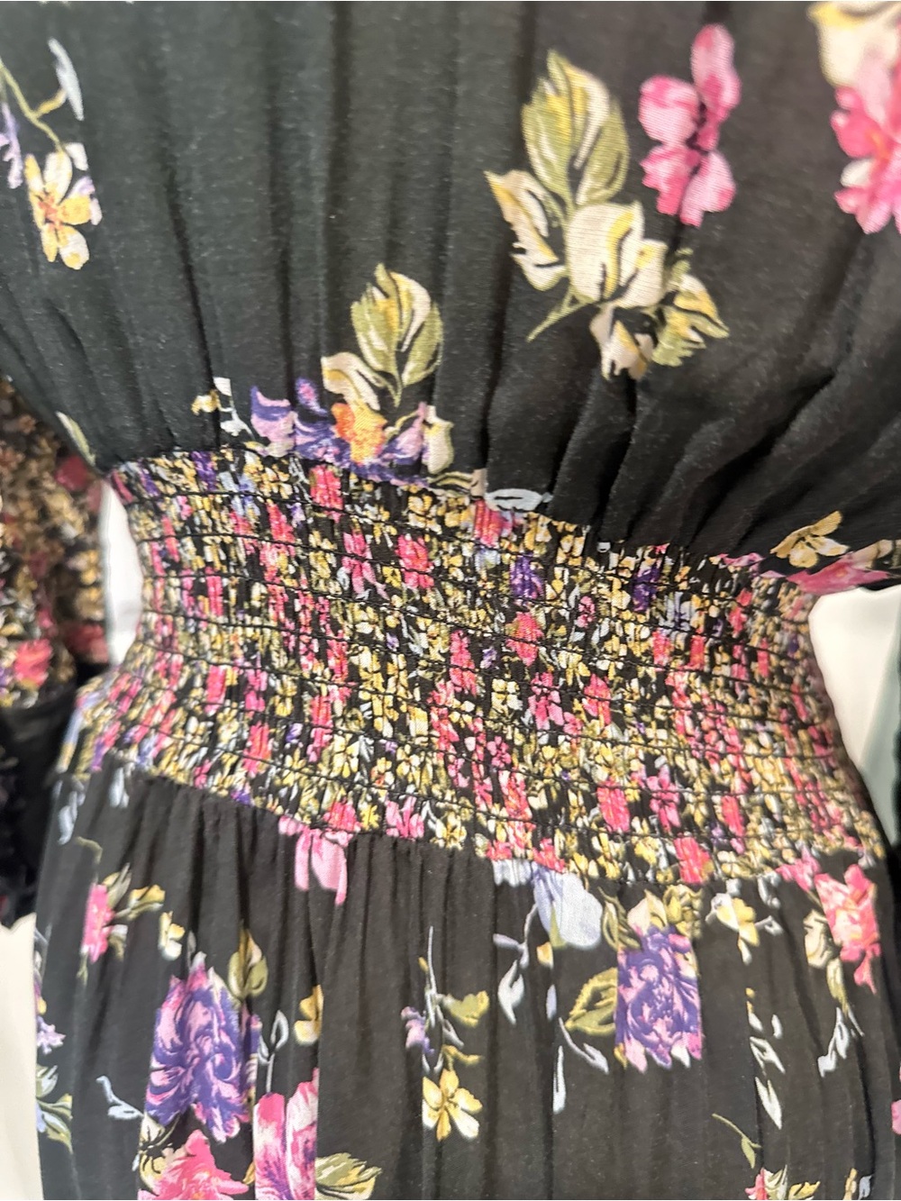 Free People Floral Maxi Dress Black Smocked Boho Button Front XS - Picture 3 of 13